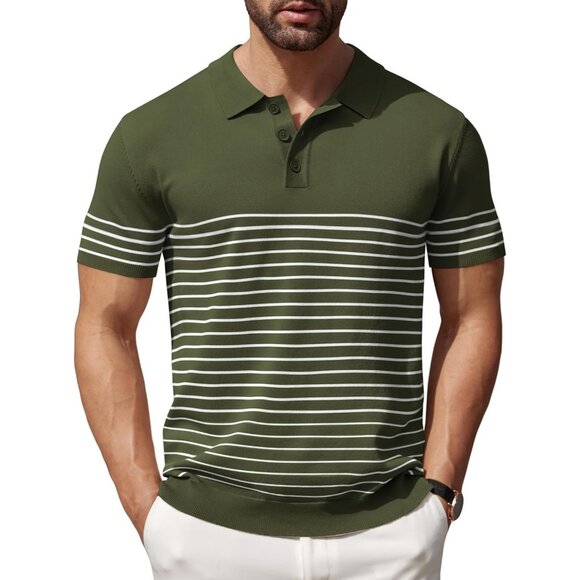 Mens Striped Polo Shirt Short Sleeve Knit Casual Slim Fit Golf Top Army Green - Picture 1 of 6